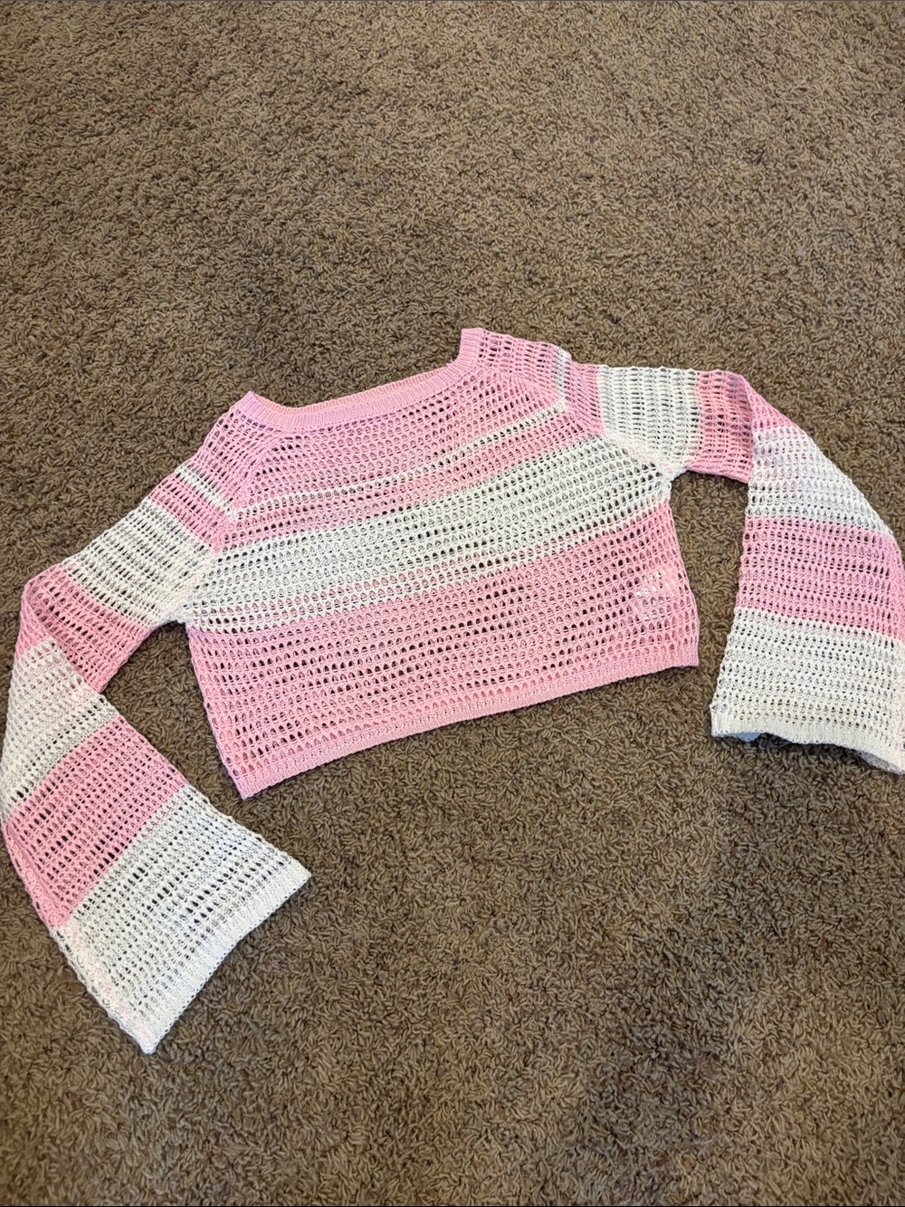 Worn Once SHEIN Pink and White Striped Crochet Crop Sweater